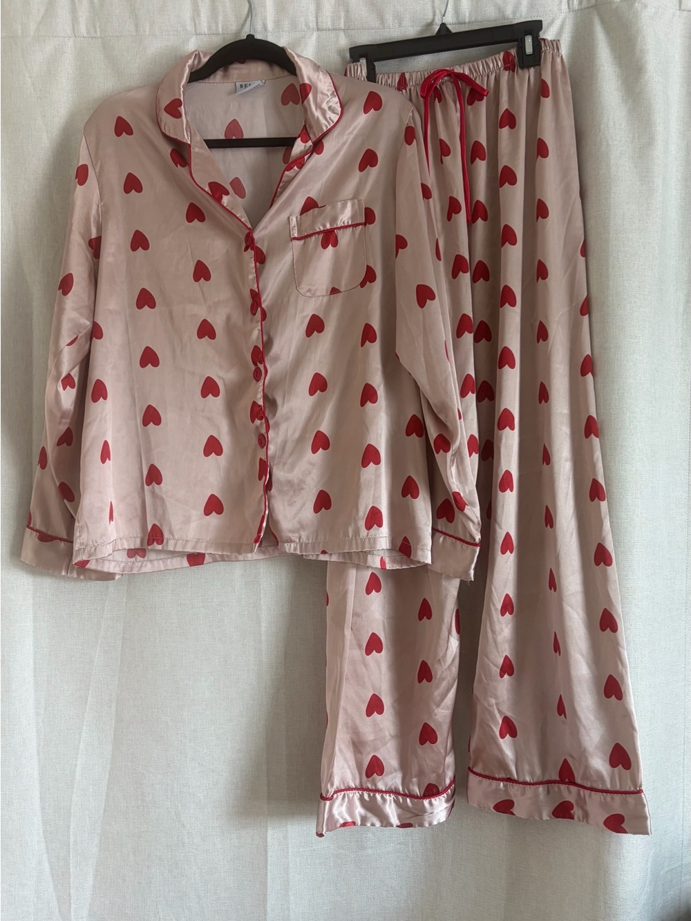 Pink Satin Pajama Set with Red Heart Print